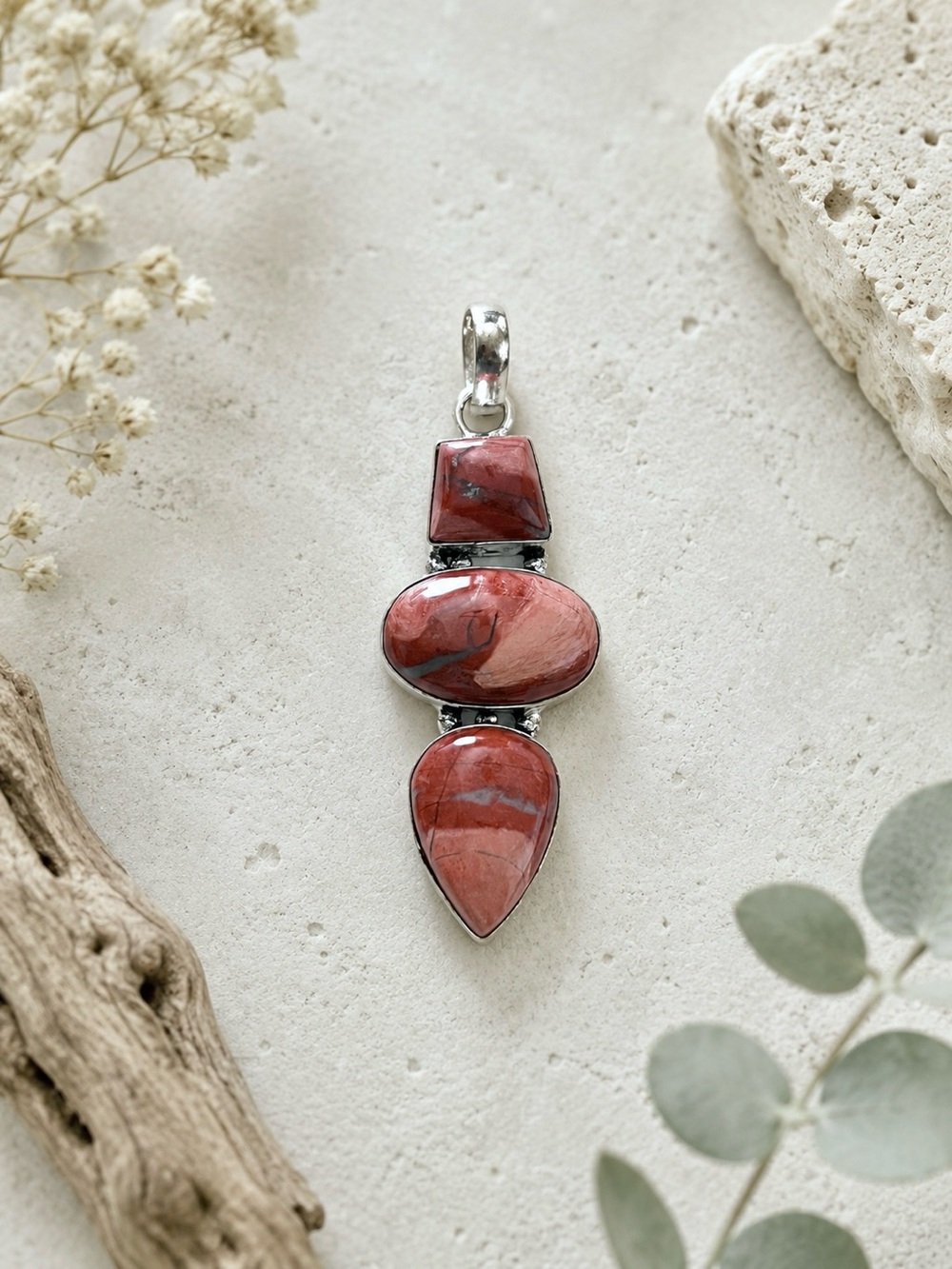 Triple Red Rainbow Jasper Gemstone 2.8” Pendant